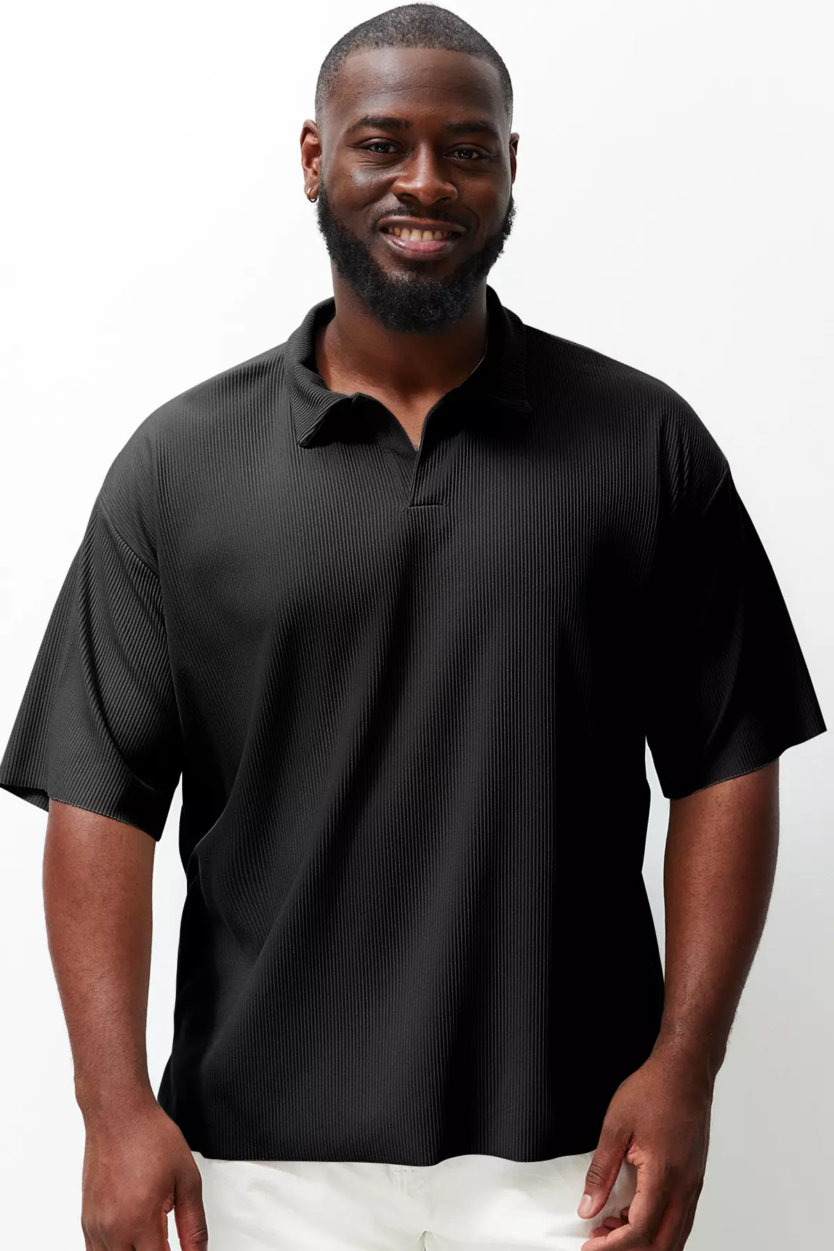Big Size Black Oversized Textured Ottoman Polo Collar T-Shirt Tmnss24Bf00047