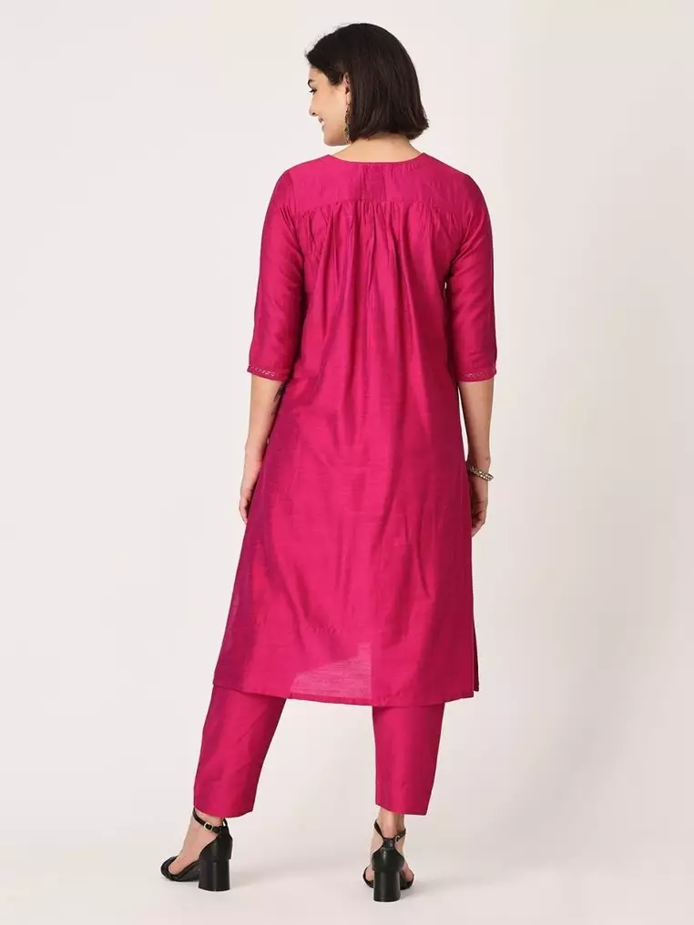 Embroidered Maternity Silk Kurta Set with Nursing - Magenta
