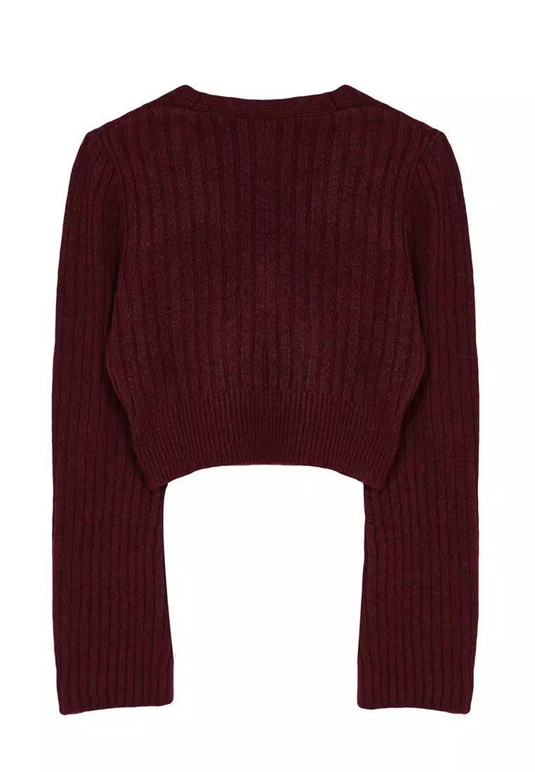 Claret Red Crop Soft Textured Double Breasted Knitwear Sweater TWOAW24KZ00381