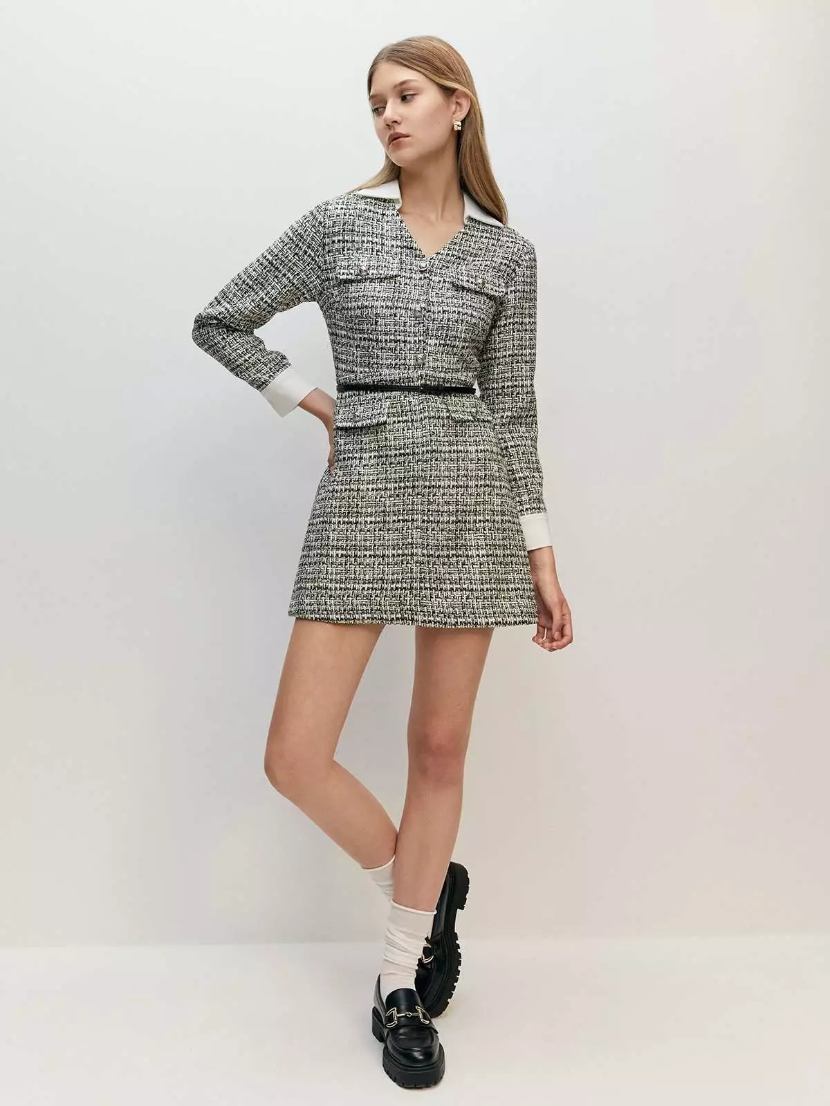 Long Sleeve A-Line Tweed Mini Dress - Black