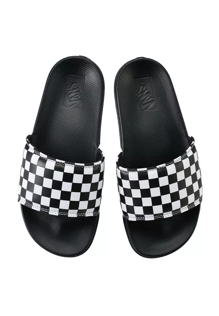 Black and cheap white checkered slides