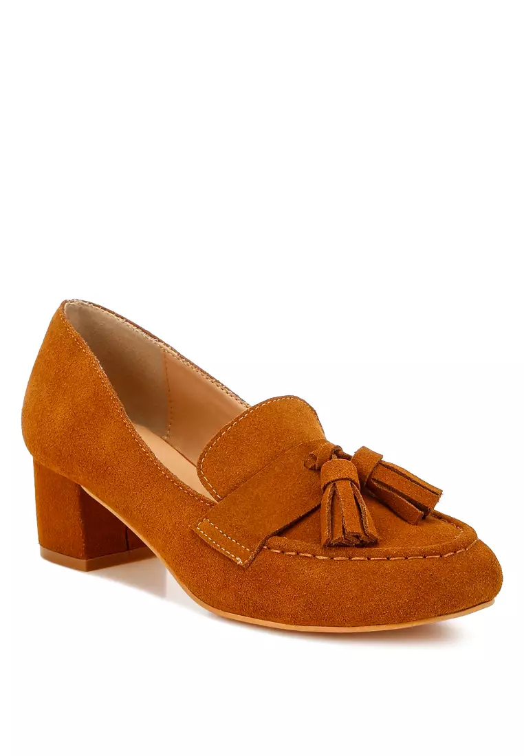 Tassels Detail Suede Loafers in Tan