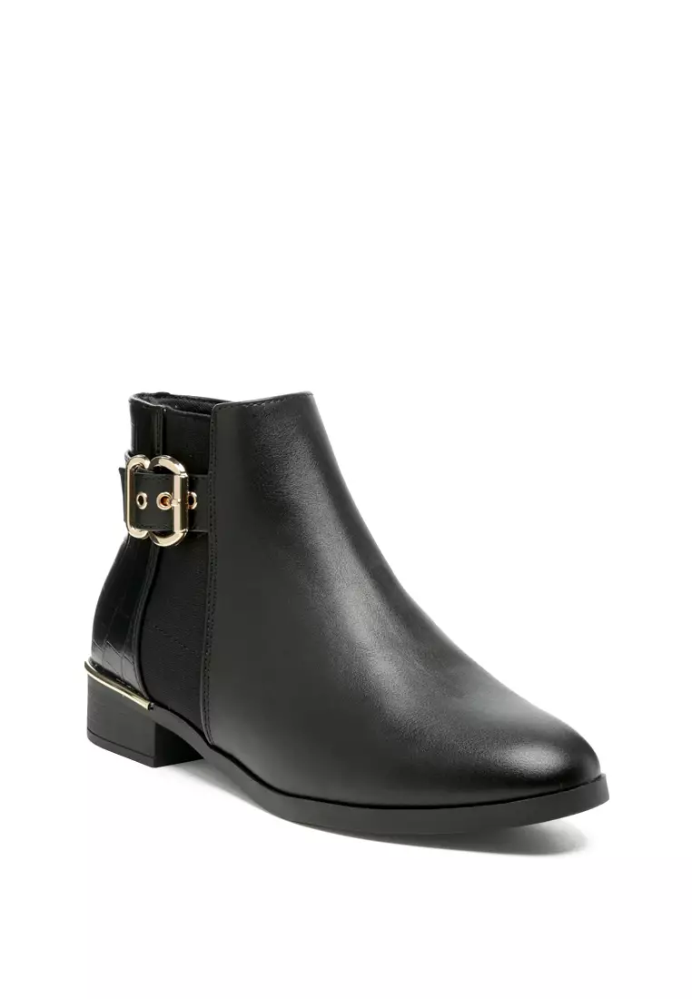 Buckled Ankle Boot with Croc Detail in Black