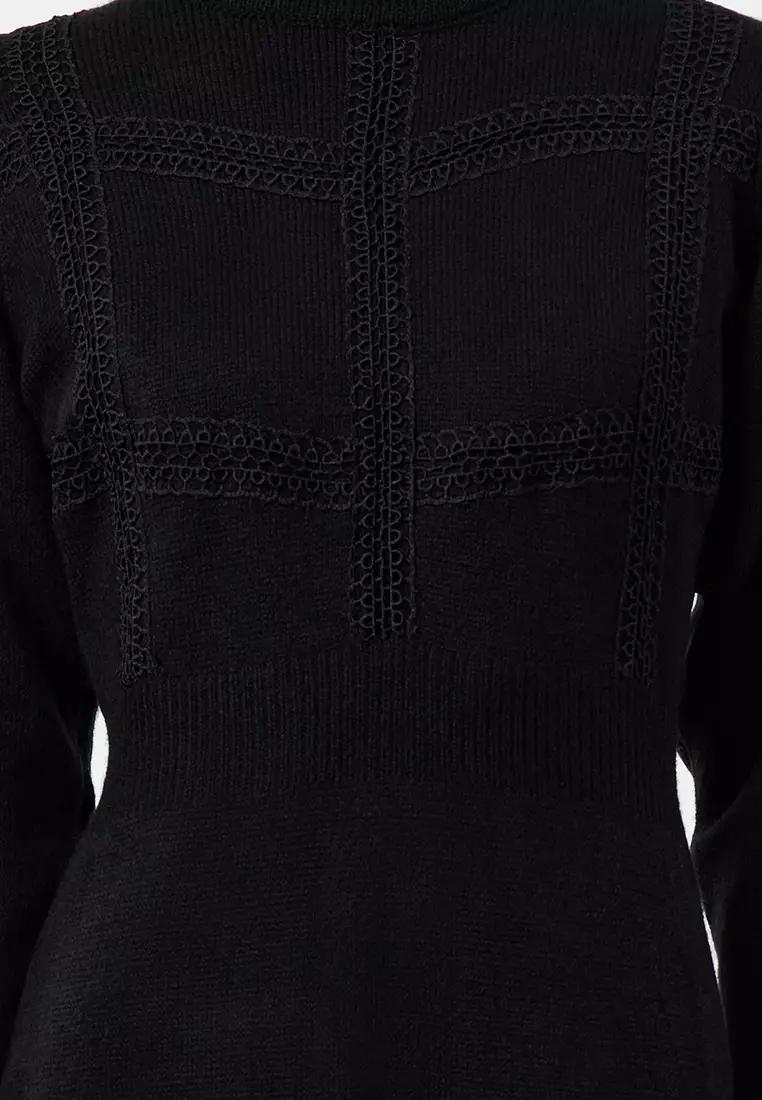 Black Lace Detailed Soft Textured Knitwear Dress Tctaw25Eb00015
