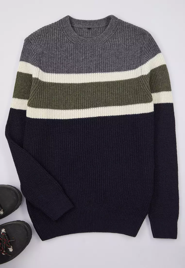 Anthracite Slim Fit Wool Crew Neck Panelled Color Block Knitwear Sweater Tmnaw22Kz0343