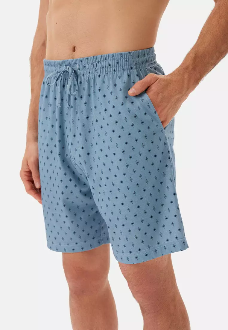 Blue Shirt & Shorts Knitwear Set, Micro Print, Shirt Collar, Regular, Short Leg, Short Sleeve Sleepwear for Men