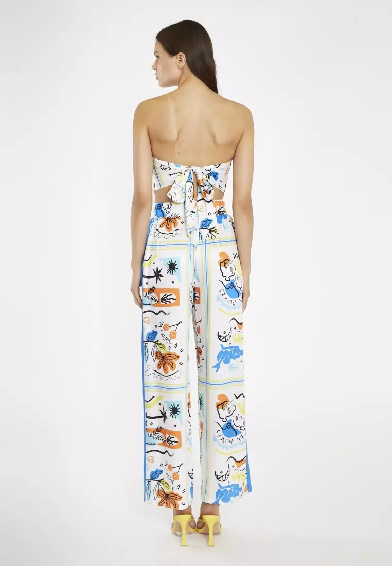 Blue Scarf Print Contrast Stripe Wide Leg Trousers