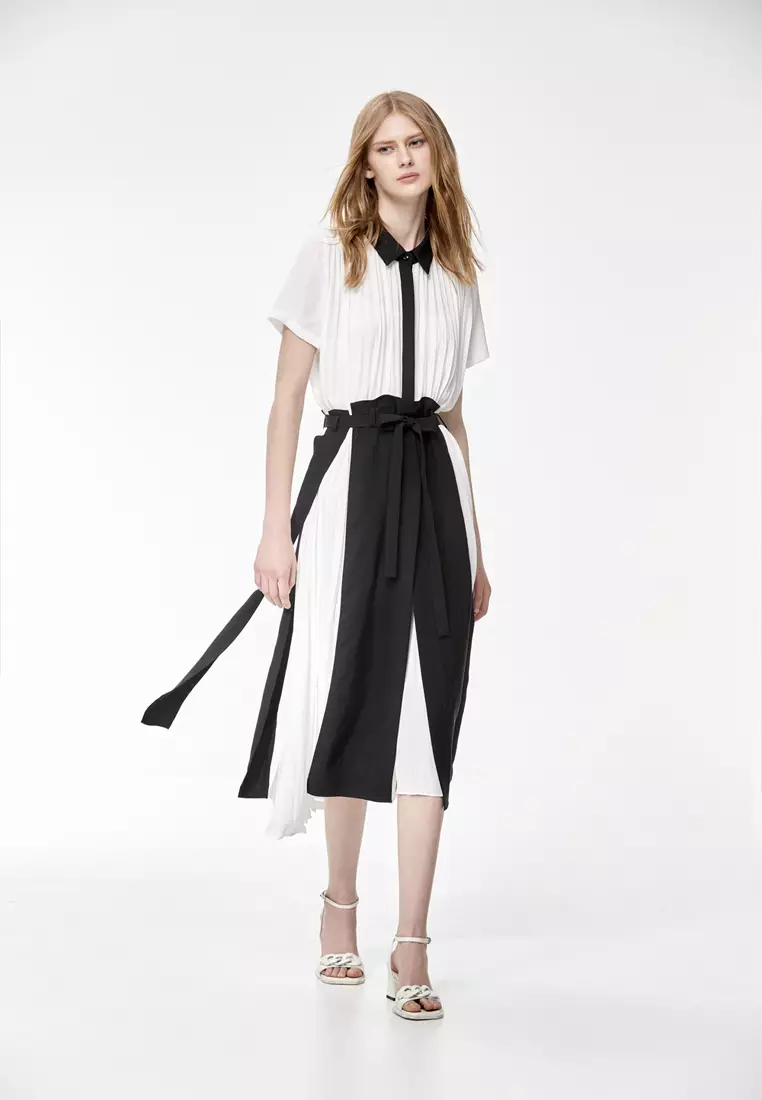 Pleated Colour Block Chiffon Dress