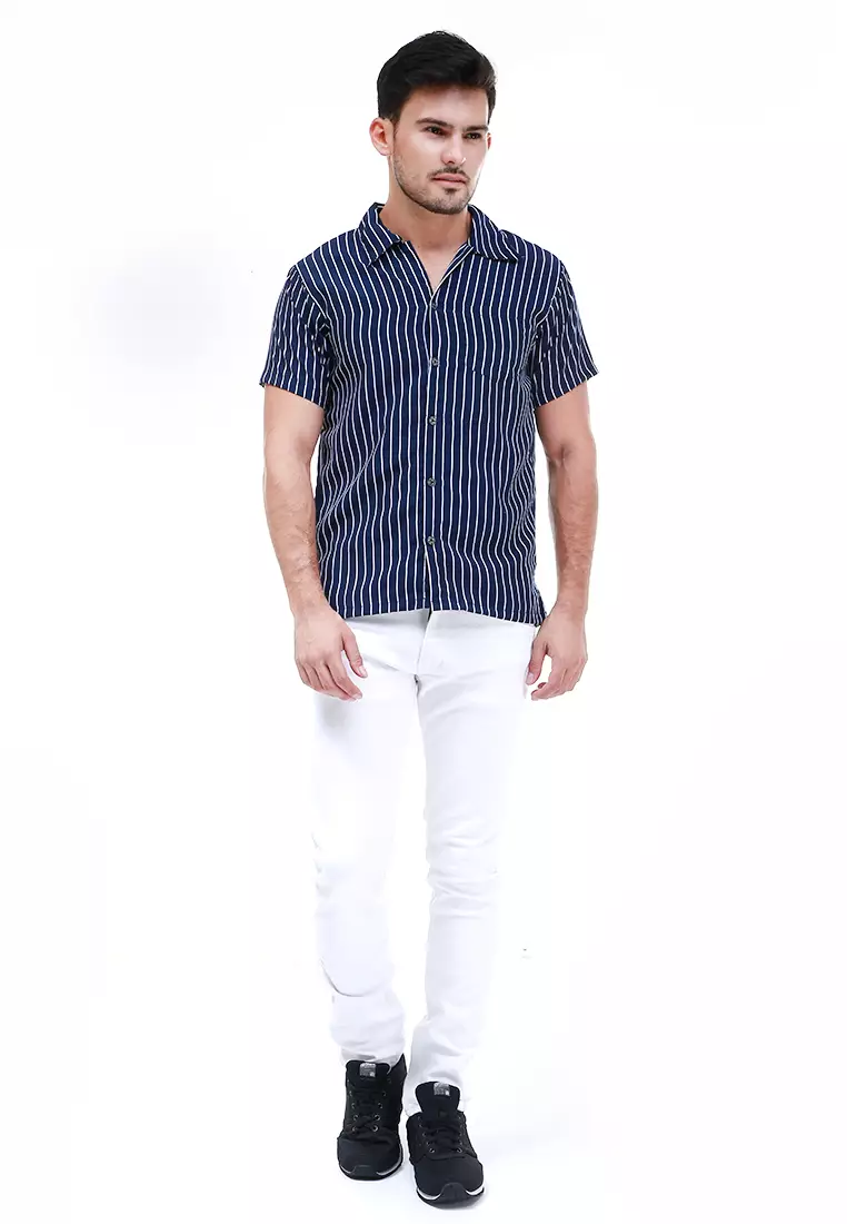 Dwan Atasan Kemeja Pria Vertical Lines Casual Shortsleeve Shirt Material Cotton ORIGINAL - Navy