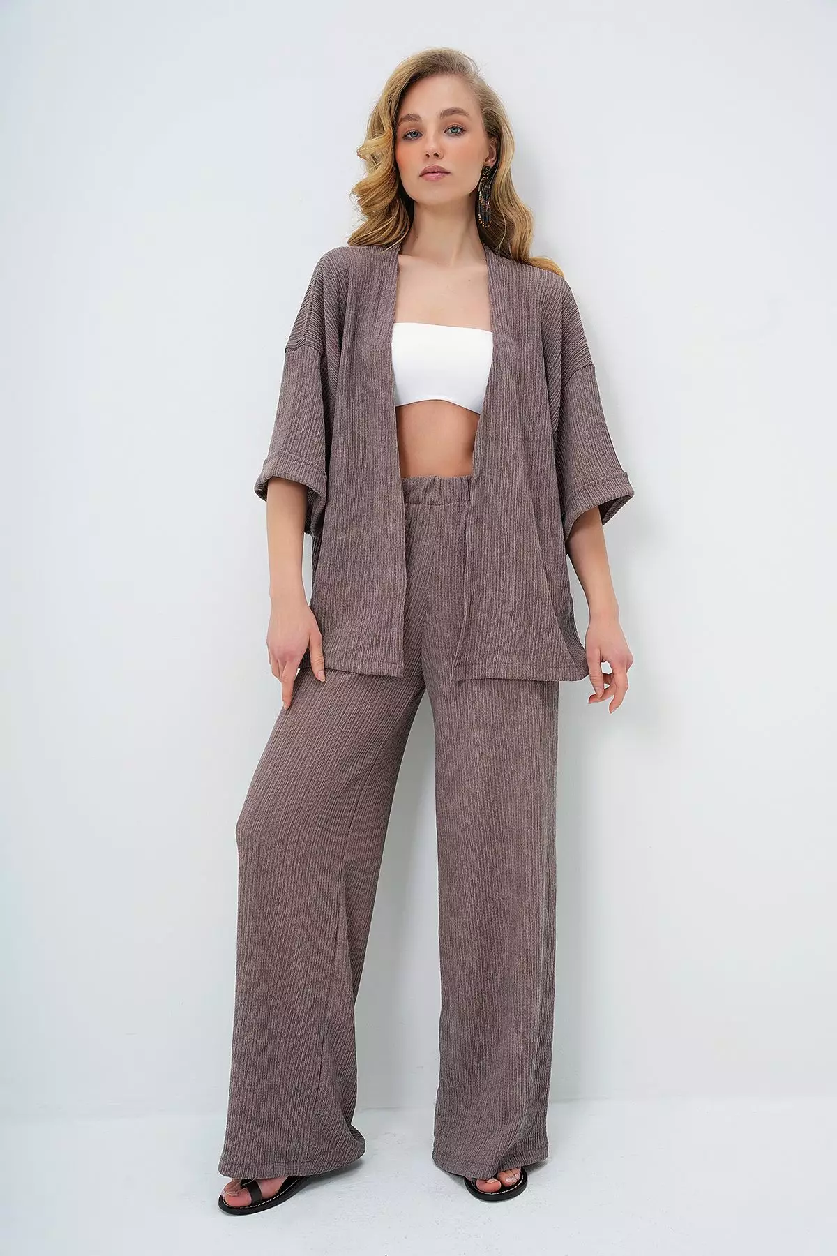 Women's Mink Double Sleeve Wrap Fabric Summer Kimono And Trouser Set