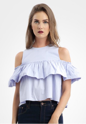 Cut Off Shoulder and Ruffle Blouse