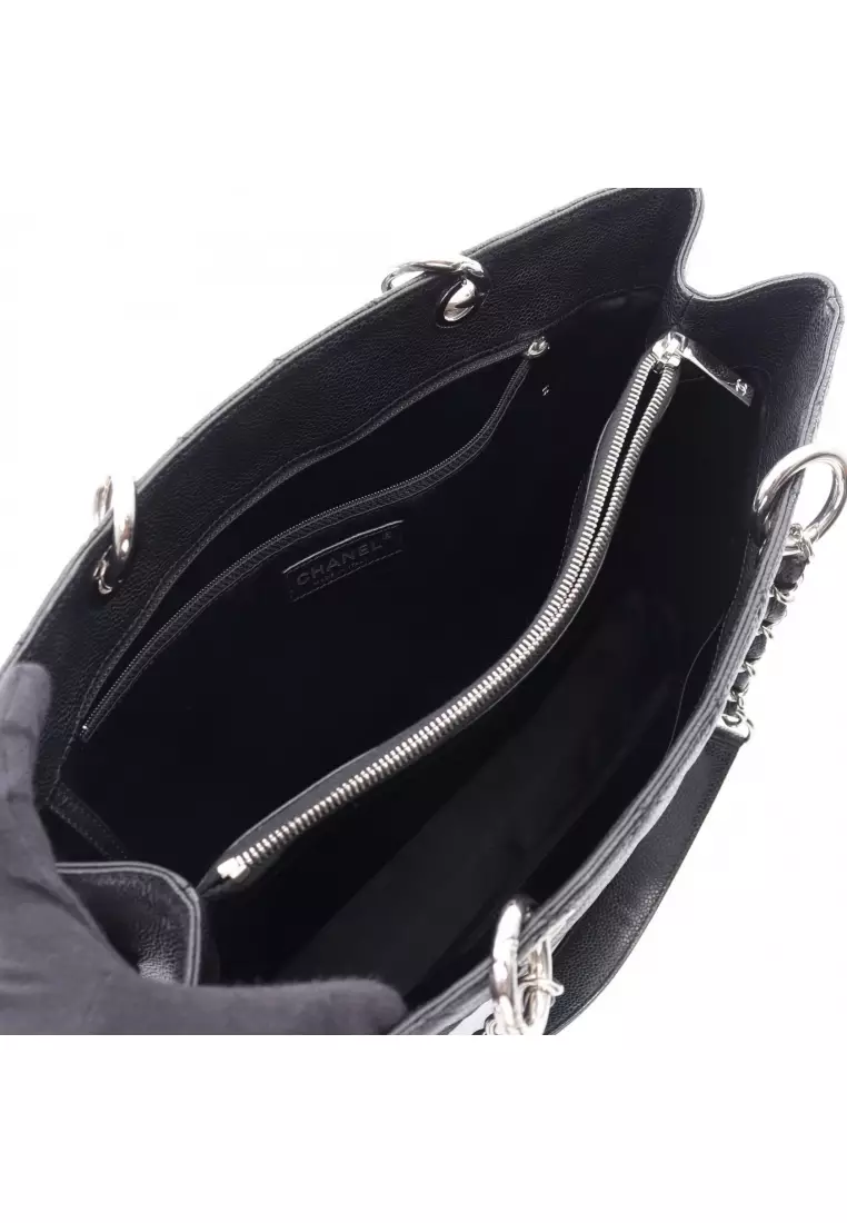 Pre-Loved Chanel matelasse grand shopping GST chain shoulder bag chain tote bag Caviar skin black silver hardware