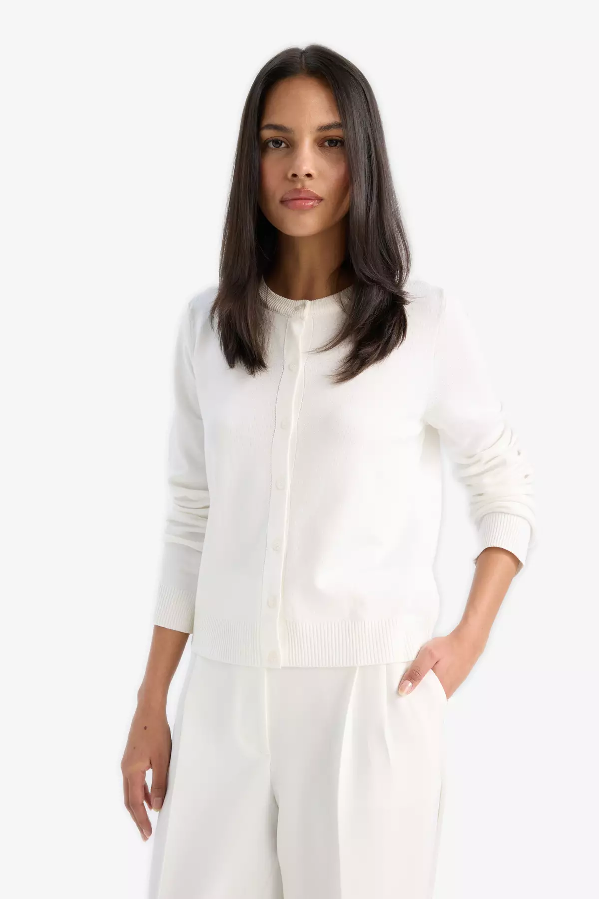 Regular Fit Crew Neck Basic Plain Buttoned Knitwear Cardigan D6282Ax25Sp