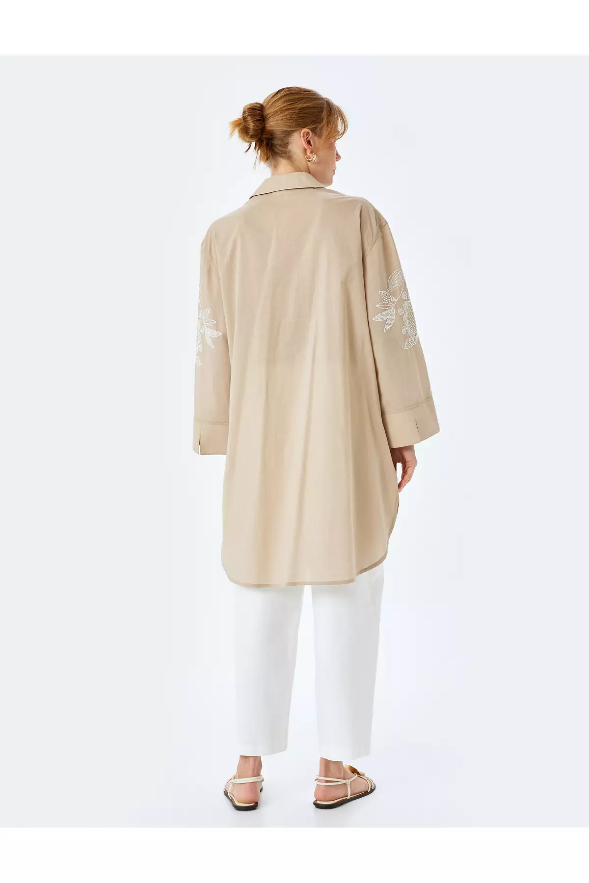 Cotton Floral Embroidered Detailed Shirt Collar Long Oversize Tunic
