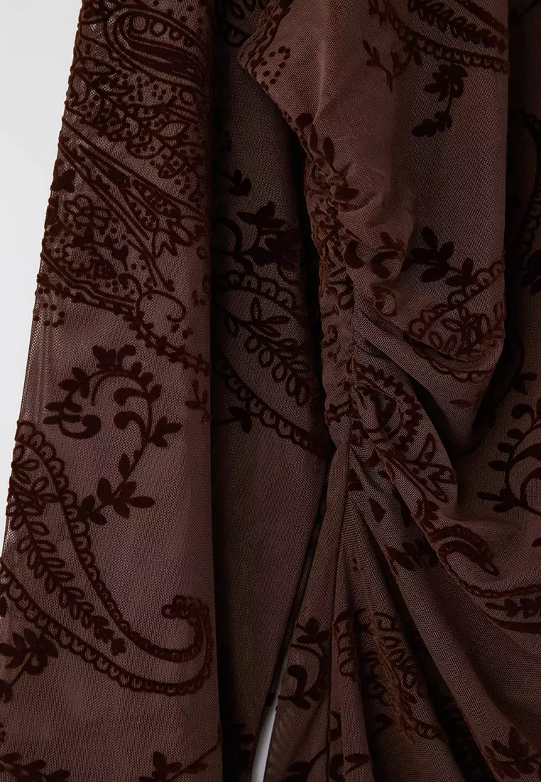 Brown Fitted/Fitted To The Body Flock Printed Tulle Long Sleeve Boat Neck Knitted Tbbaw26Af00130