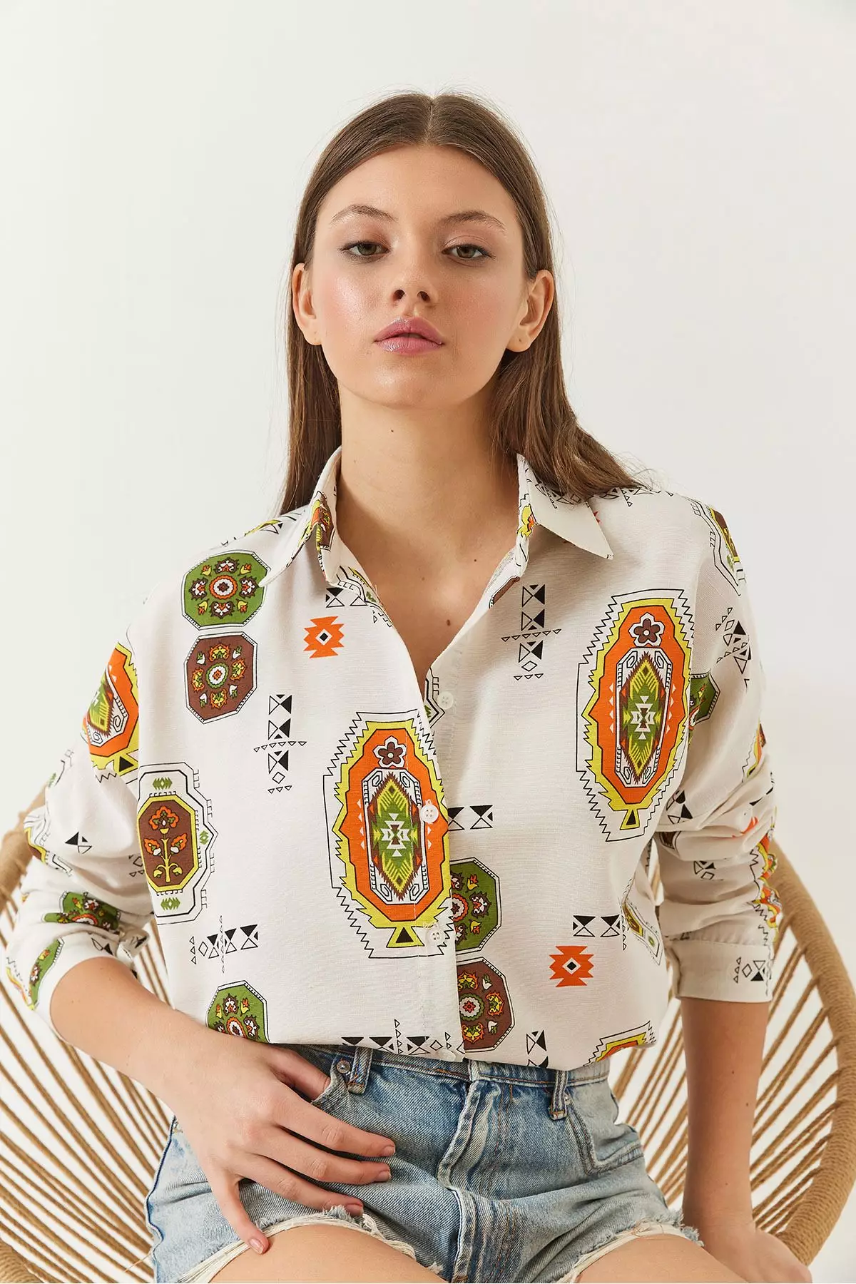 Women's Sleeve Folded Patterned Linen Shirt