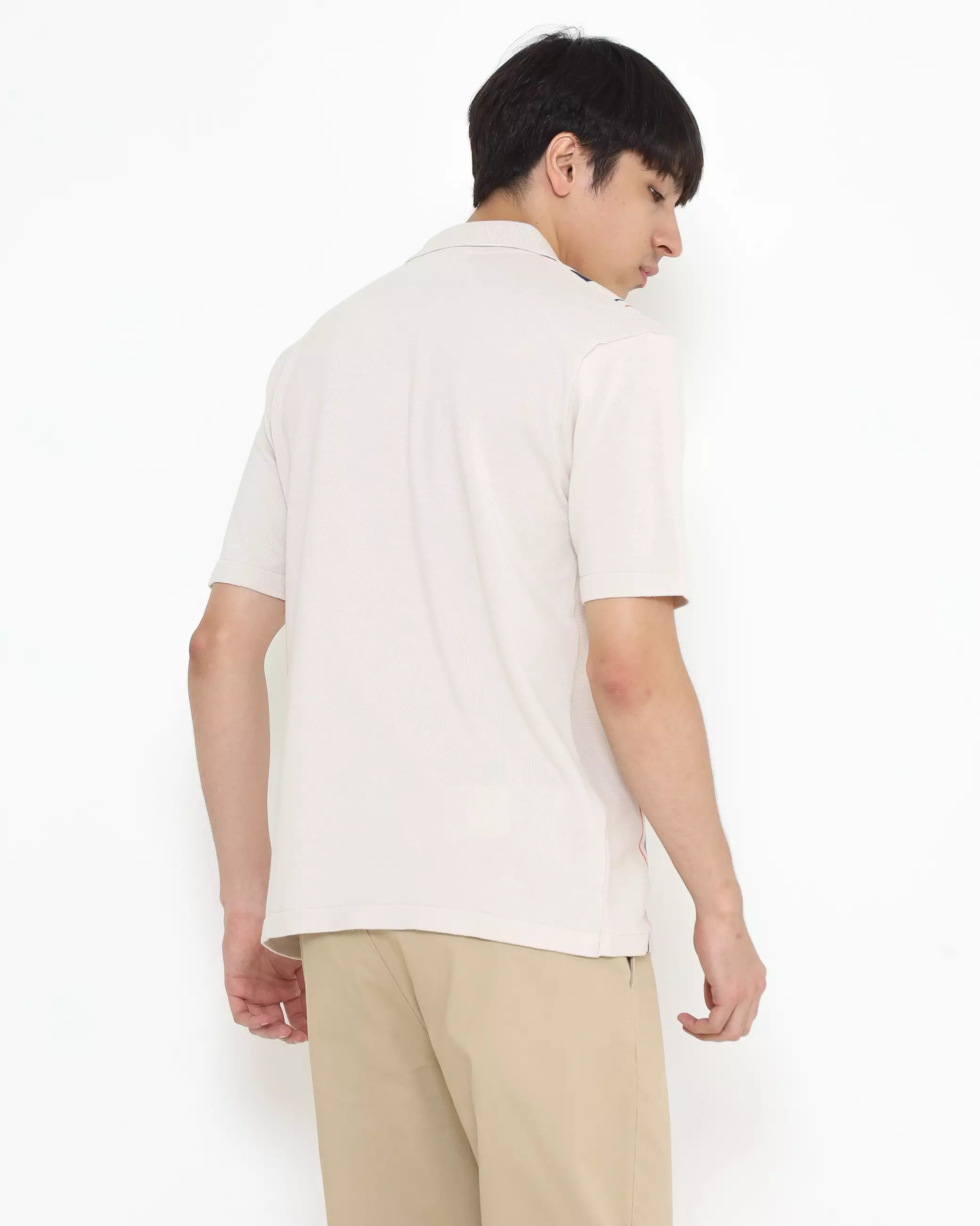 SHORT SLEEVE KNITTED ZIPPER POLO SHIRT CREAM