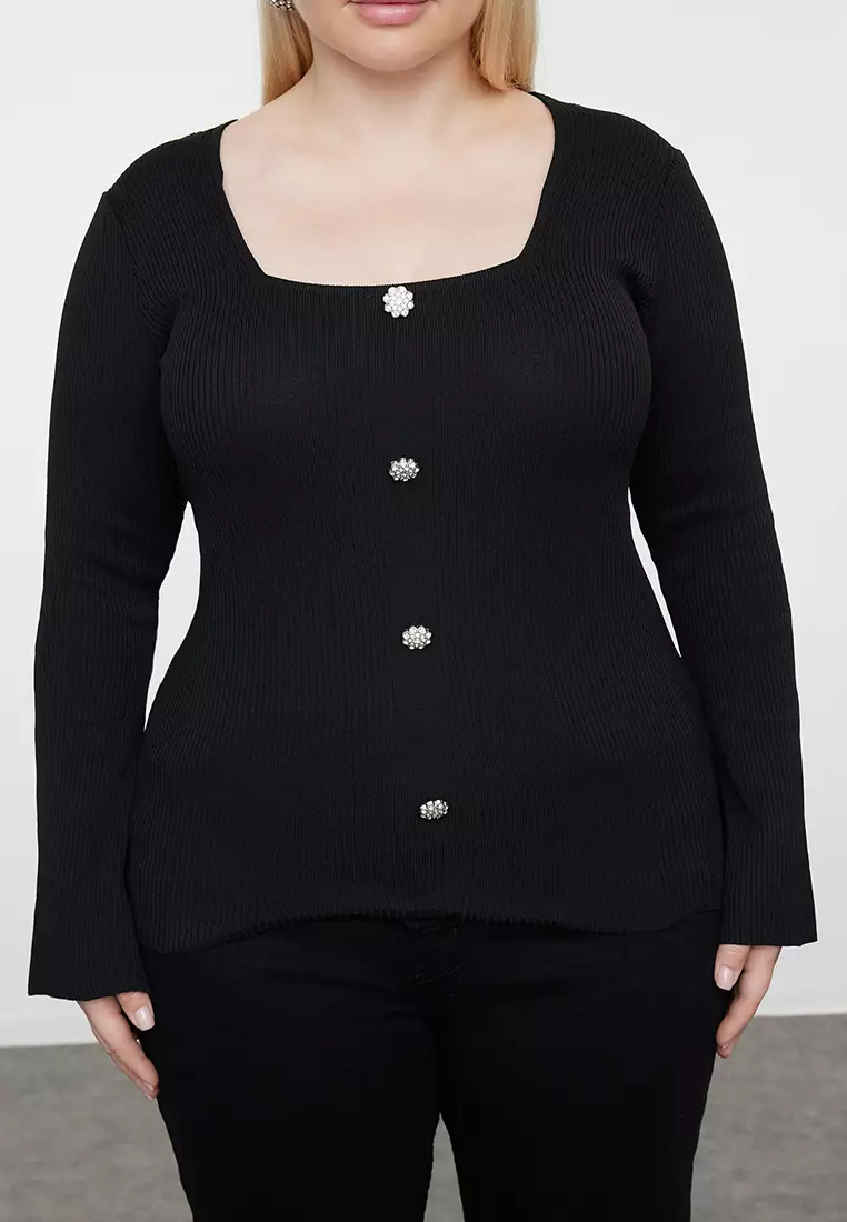 Black Square Neck Ribbed Button Knitwear Blouse Tbbaw25Af00001