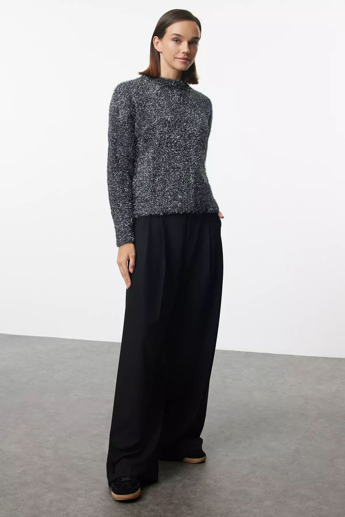 New Year's Themed Anthracite Glitter Knitwear Sweater