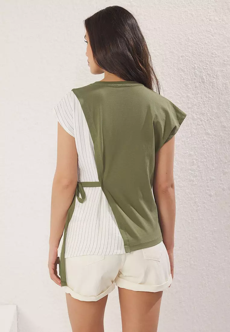 Khaki Weaving Garni And Baglama Detail Relaxed Pattern Knitted Blouse Twoss25Bz00094