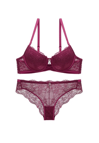 ZITIQUE red Young Girls' European Style Elegant 3/4 Cup Lace-trimmed Push Up Padded Lingerie Set (Bra And Underwear) - Wine Red 37DD2US6A9DB22GS_1
