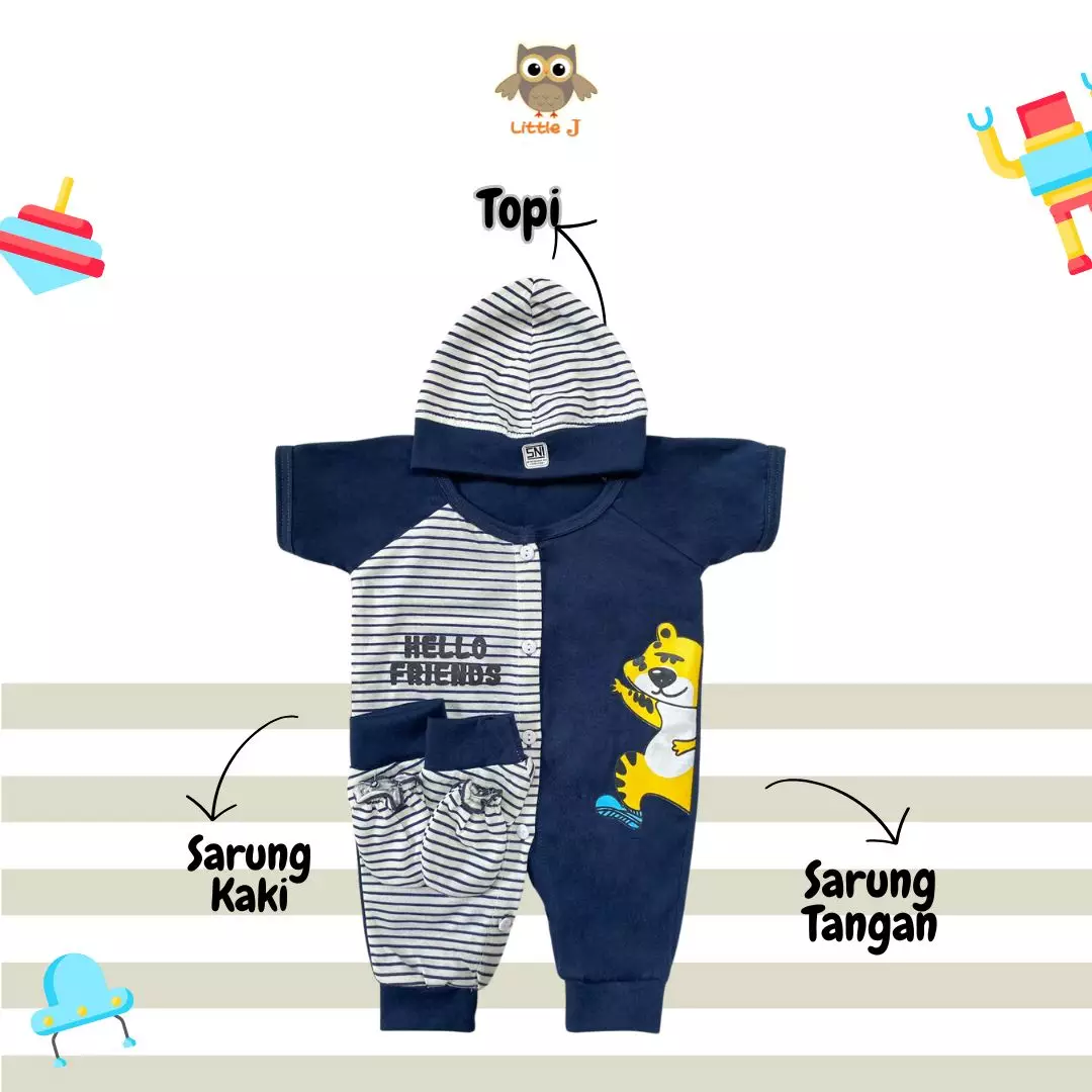 Little J- (1938) Romper bayi 4in1 motif singa set lengkap topi sarung,tangan & kaki dan bahannya adem 
