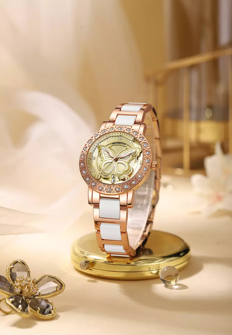 Jam Tangan Wanita Desain Kupu-Kupu Berlian Kristal Kalender Tali Stainless Steel Ceramic Anti Air Warna rosegreen