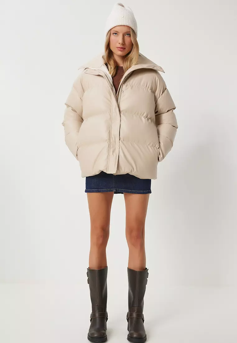 Stand Collar Faux Leather Puffer Coat