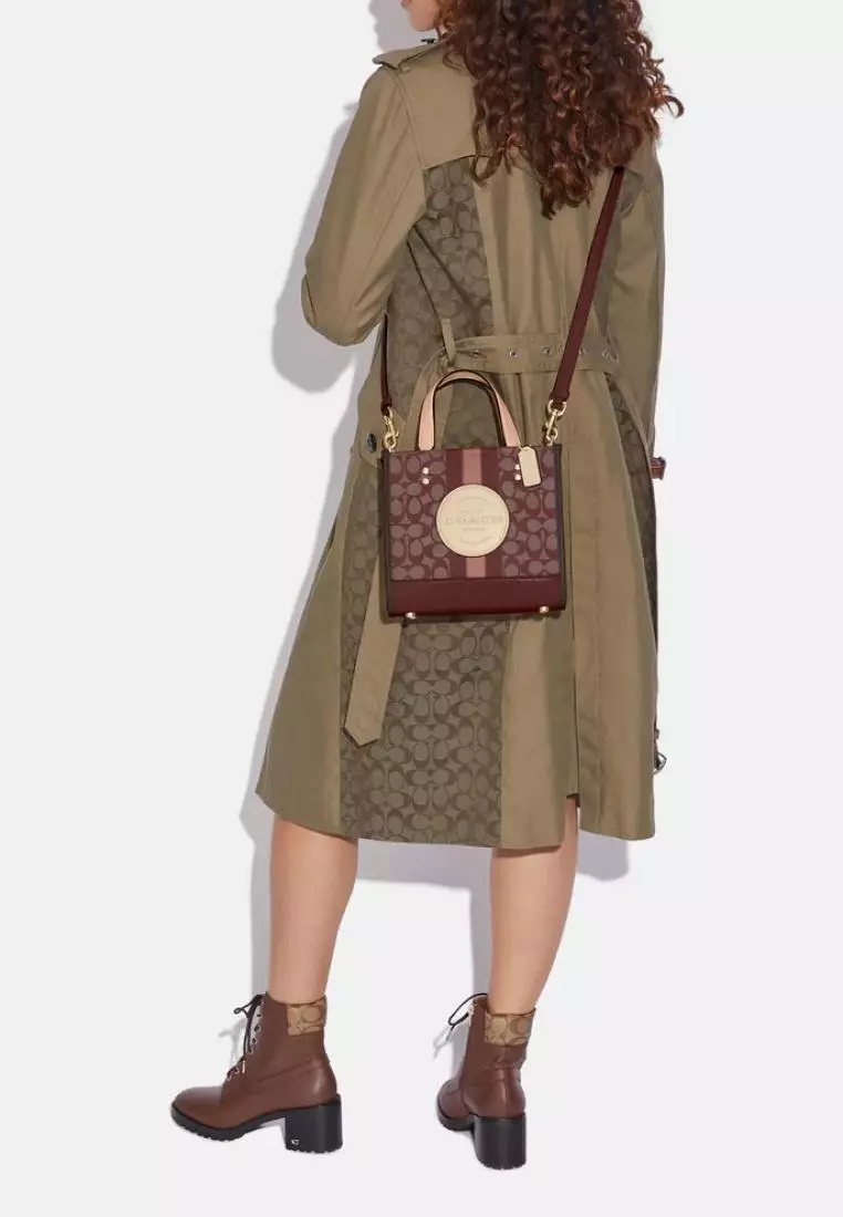 Coach Dempsey Tote 22 In Signature Jacquard With Stripe And Coach Patch Wine Multi