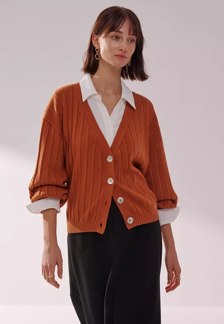 褐橘開襟針織外套