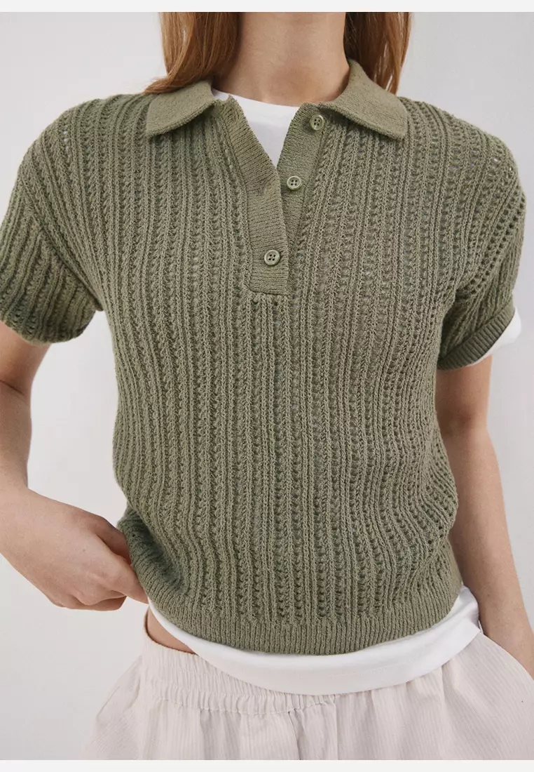 Openwork Knitted Polo-Neck Sweater