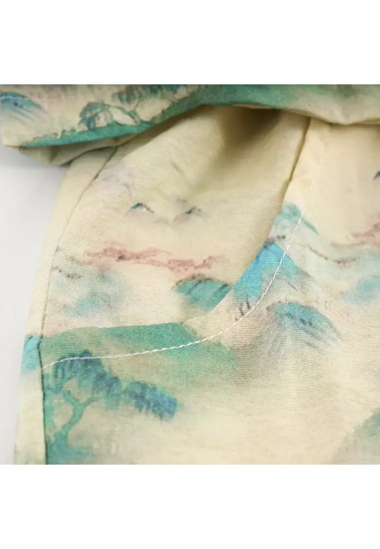 中國山水畫男童唐裝漢服套裝上衣短褲拜年服0836