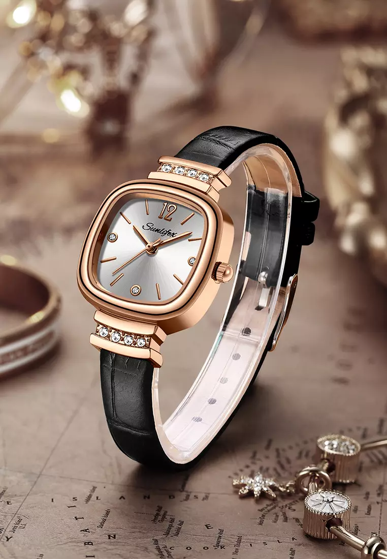 8001 Jam Tangan Wanita Original Berlian Gaya Antik Anggun Jam Kuarsa Tali Kulit Jam Tangan Cewek black