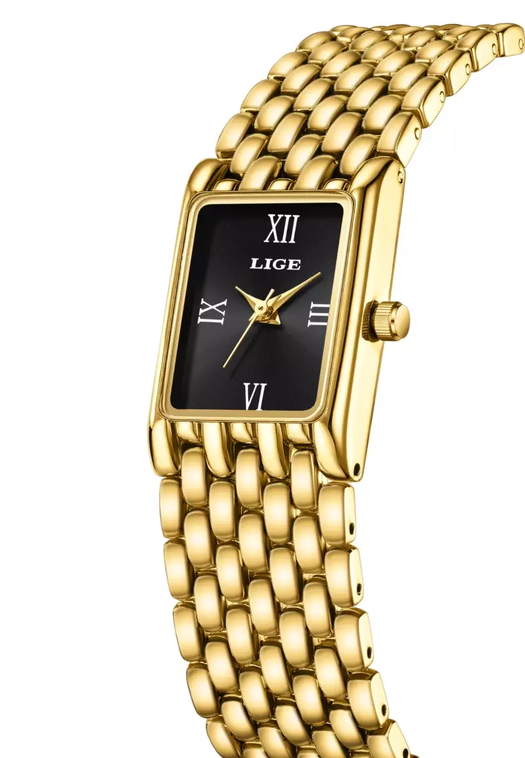 Ladies Rectangular Quartz Watch, 29X20mm, IP Gold Color Stainless Steel, Metal Bracelet