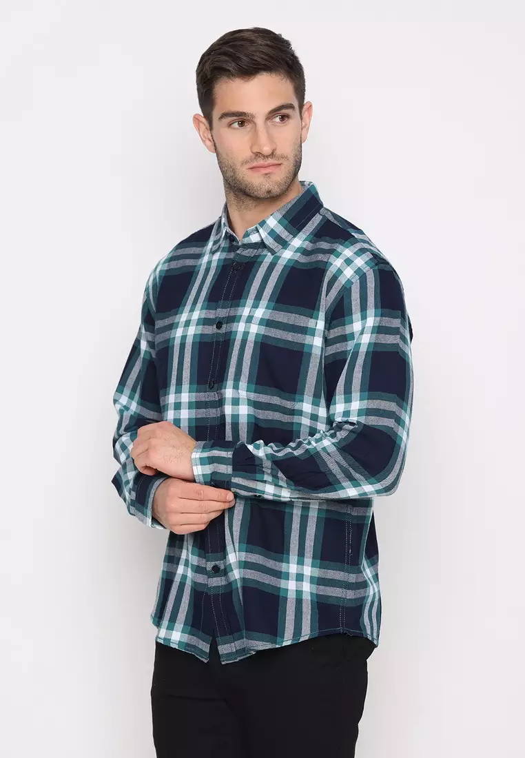 POLICE Kemeja Kotak Twill Hijau Regular Fit Lengan Panjang Pria