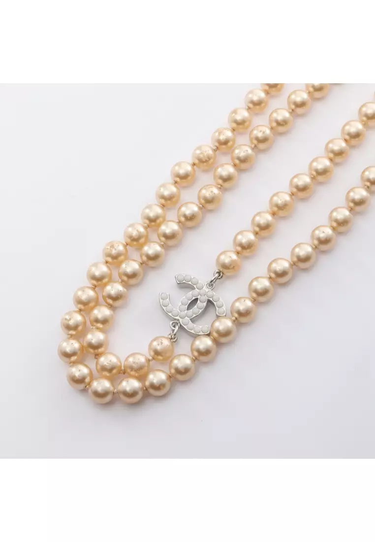 Buy Chanel Pre-loved CHANEL coco mark long necklace Fake pearl Champagne  Gold white Silver 08V Online