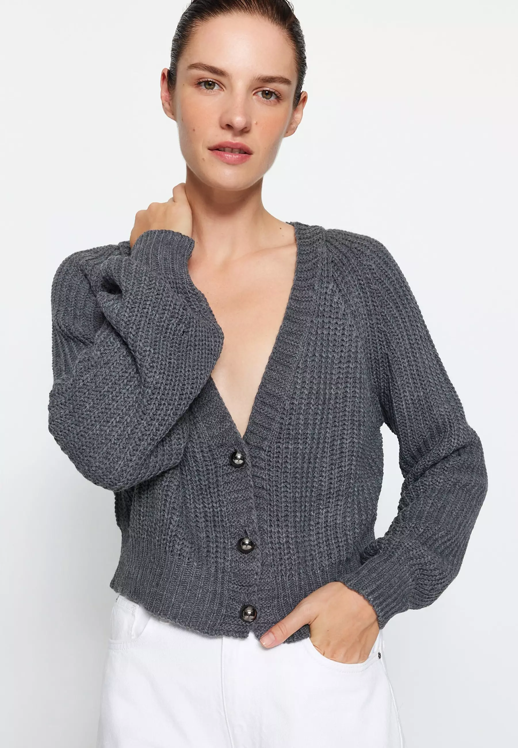 Relaxed Cropped V-Neck Cardigan