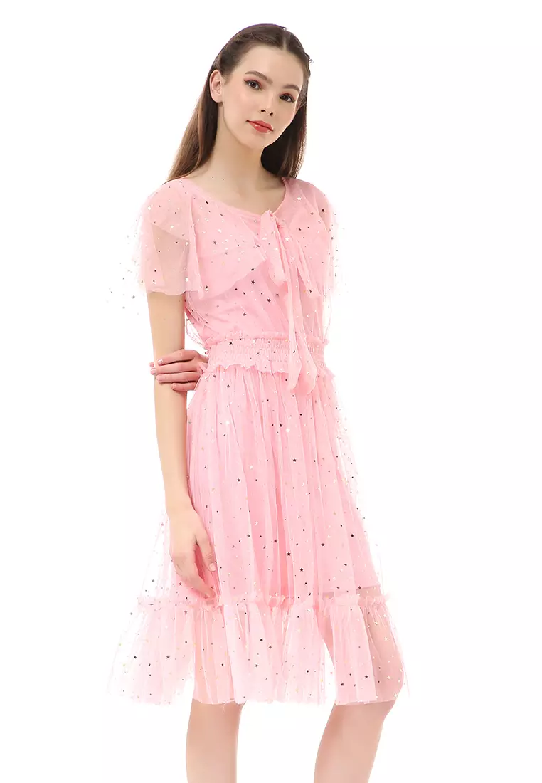 Rachel Dress Fashion Wanita Pinggang Elastis Lengan Pendek Material Brukat ORIGINAL - Pink