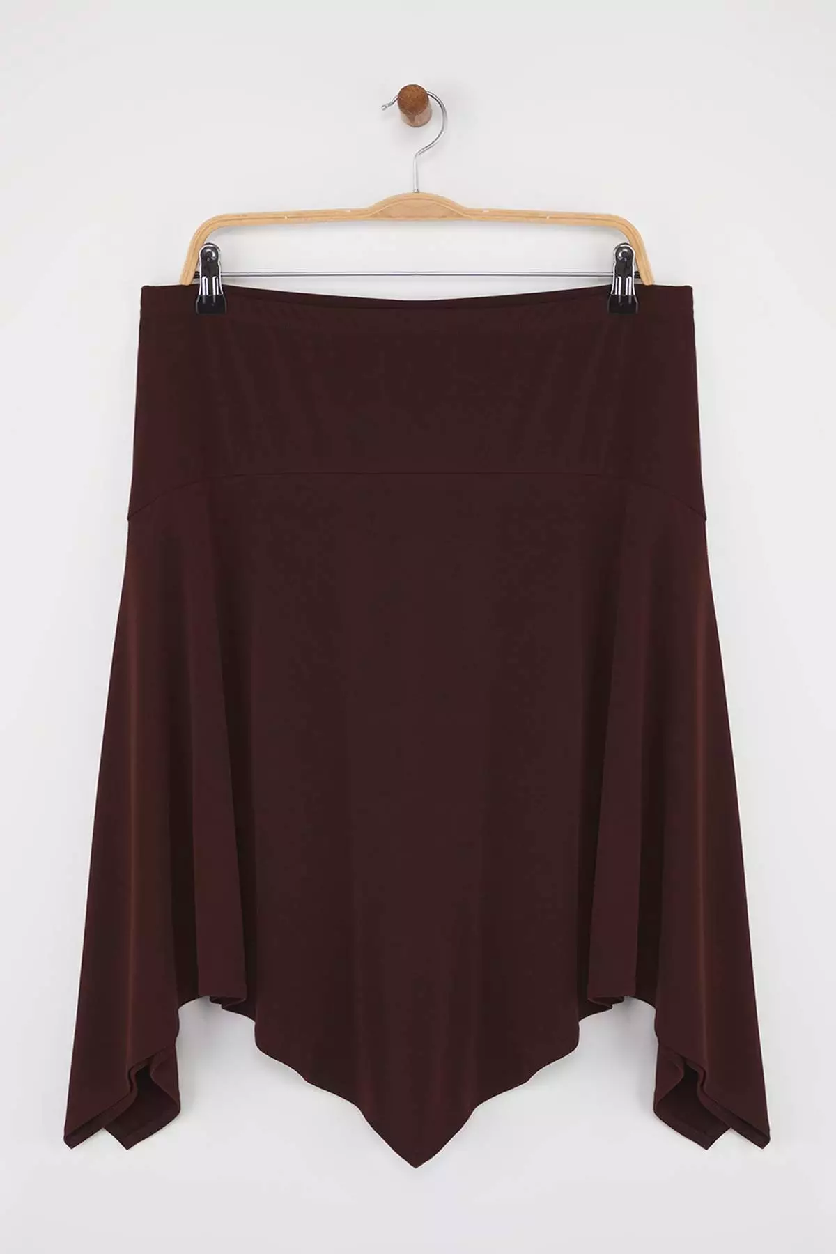Brown Elastic Waist Skirt Asymmetrical Midi Knitted Plus Size Skirt