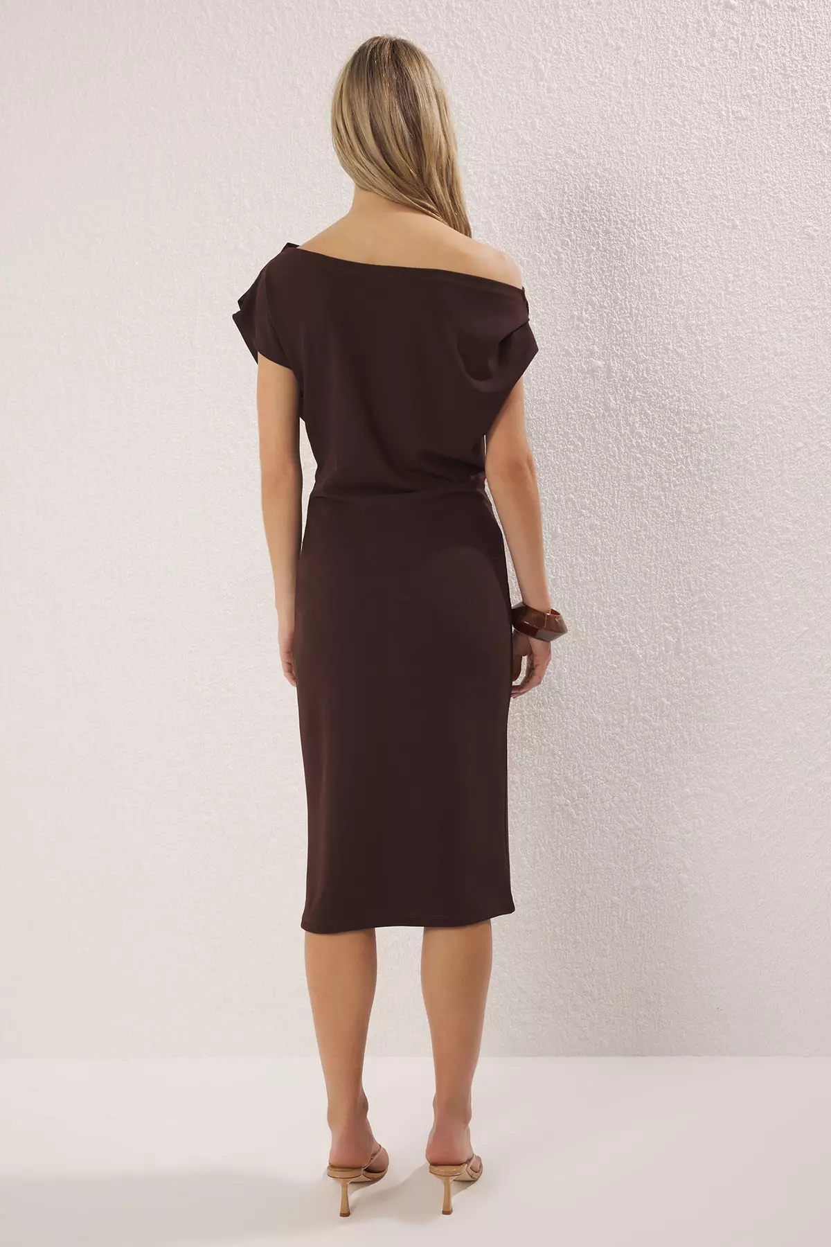 Brown Midi Shirring/Draping Detail Knitted Dress