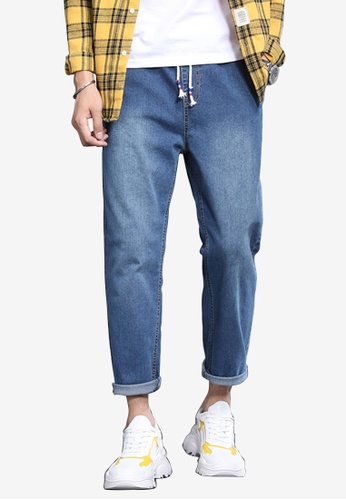 Buy Hk Ehunter Men S Korean Style Fashion Straight Loose Waist Tie Denim Jean Dark Blue 2020 Online Zalora Singapore