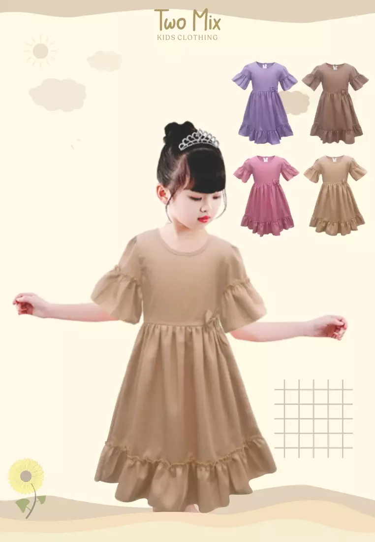 Two Mix Dress Anak Ruffle Cantik Usia 1-12 Tahun Bahan Kain Katun 4260