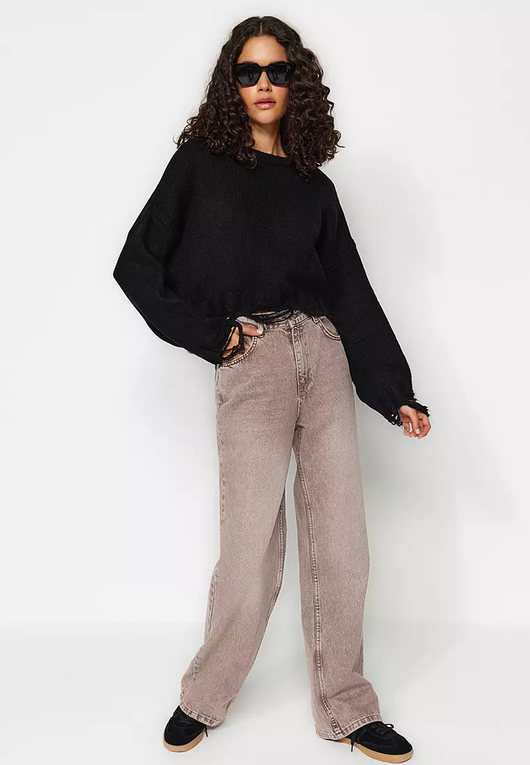 Black Crop Wide Pattern Soft Textured Flowing Detailed Knitwear Sweater Twoaw24Kz00319