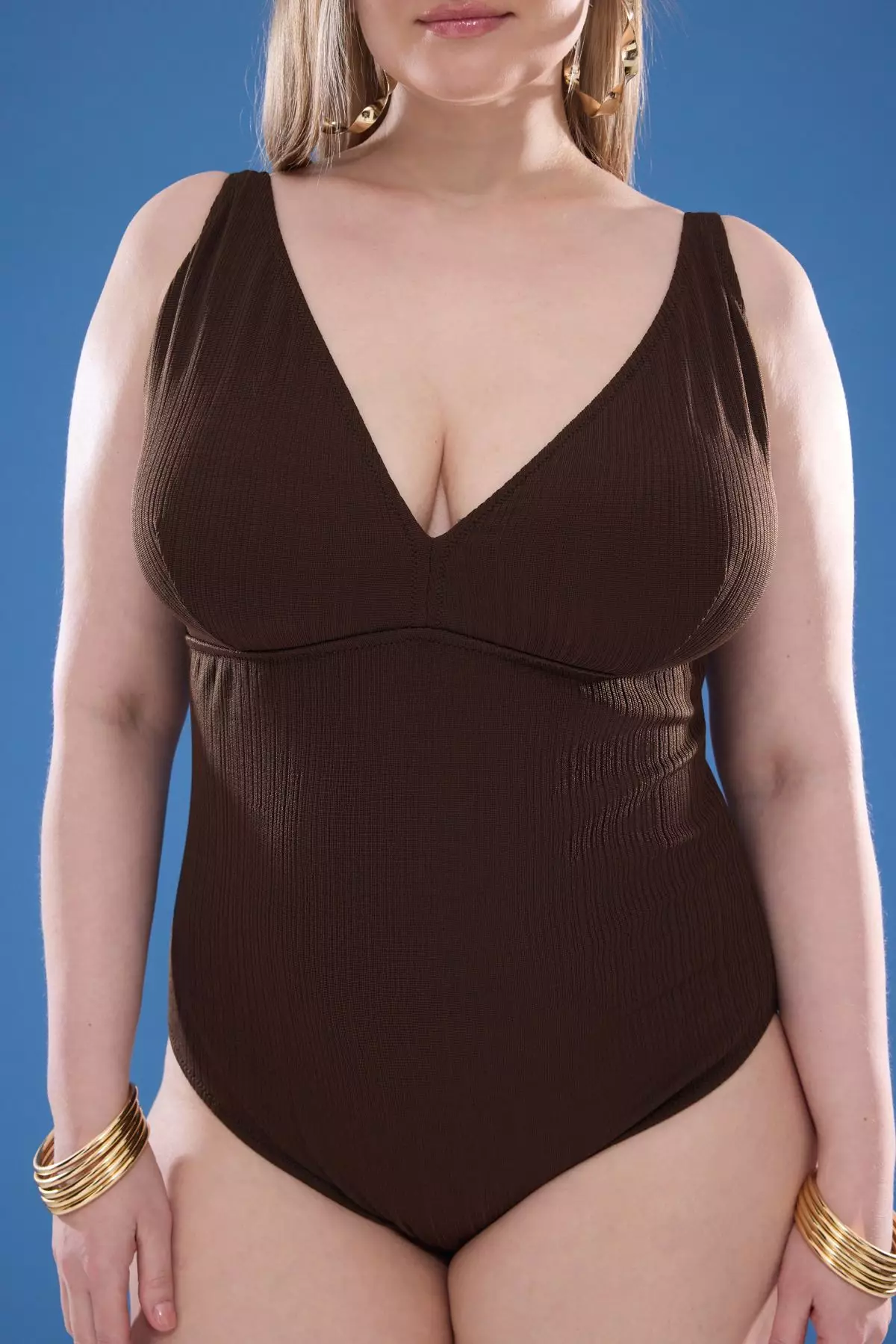 Brown Deep V Neck Textured Plus Size Swimsuit