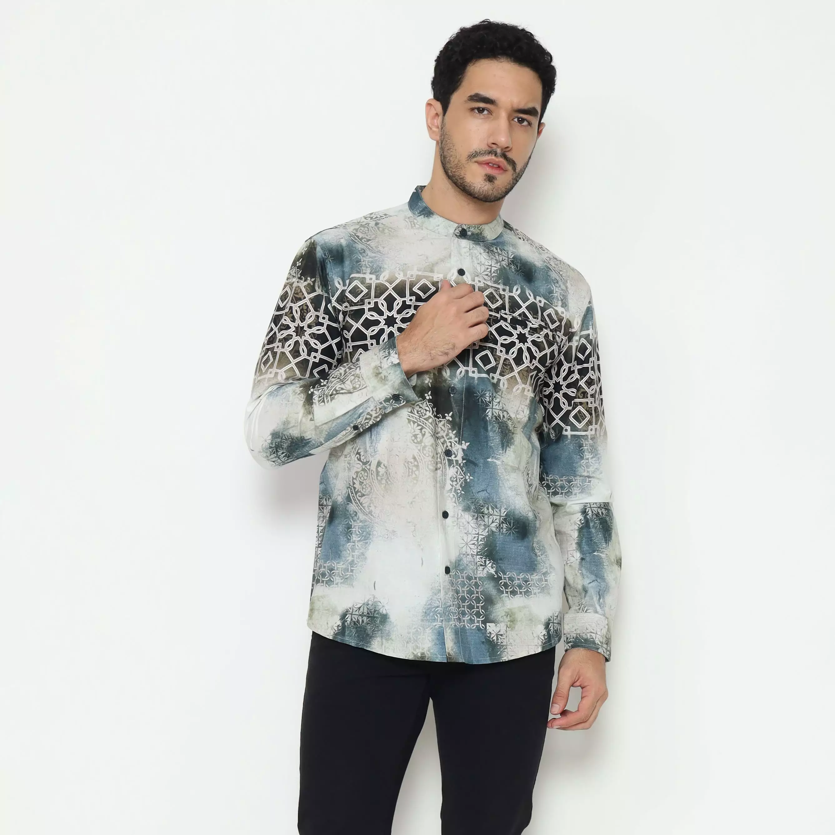 AMK Kemeja Koko Printing Pria Lengan Panjang KK Hessa L/s Blue
