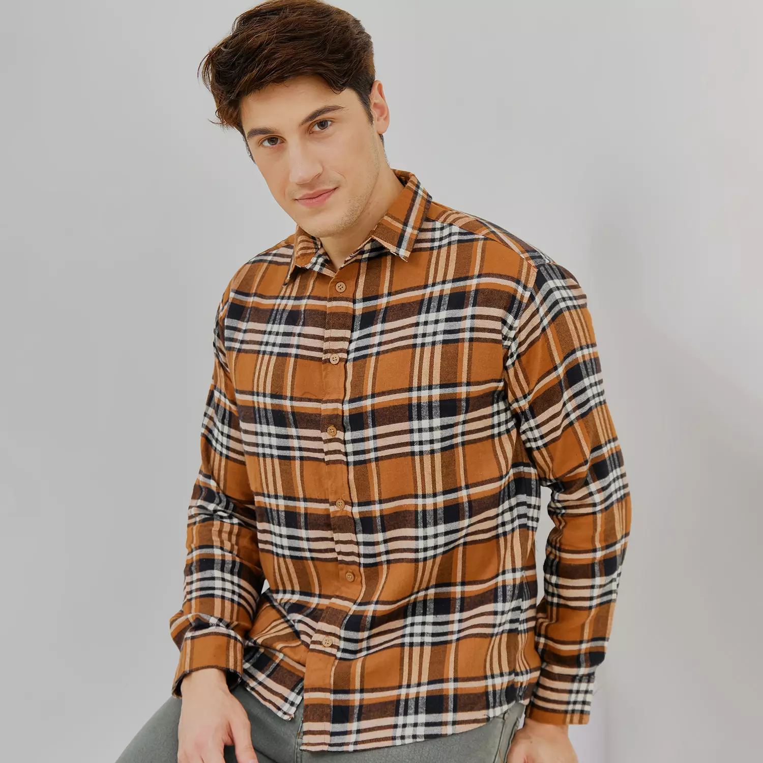 PAULMAY Kemeja Flanel Pria Lengan Panjang Cokelat 6713