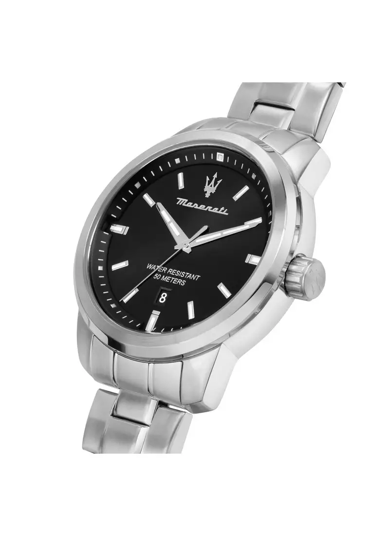 【2 Years Warranty】Maserati Successo 44mm Black Dial Silver Stainless Steel Men's Quartz Watch R8853121006 With Luminous Dial Hands
