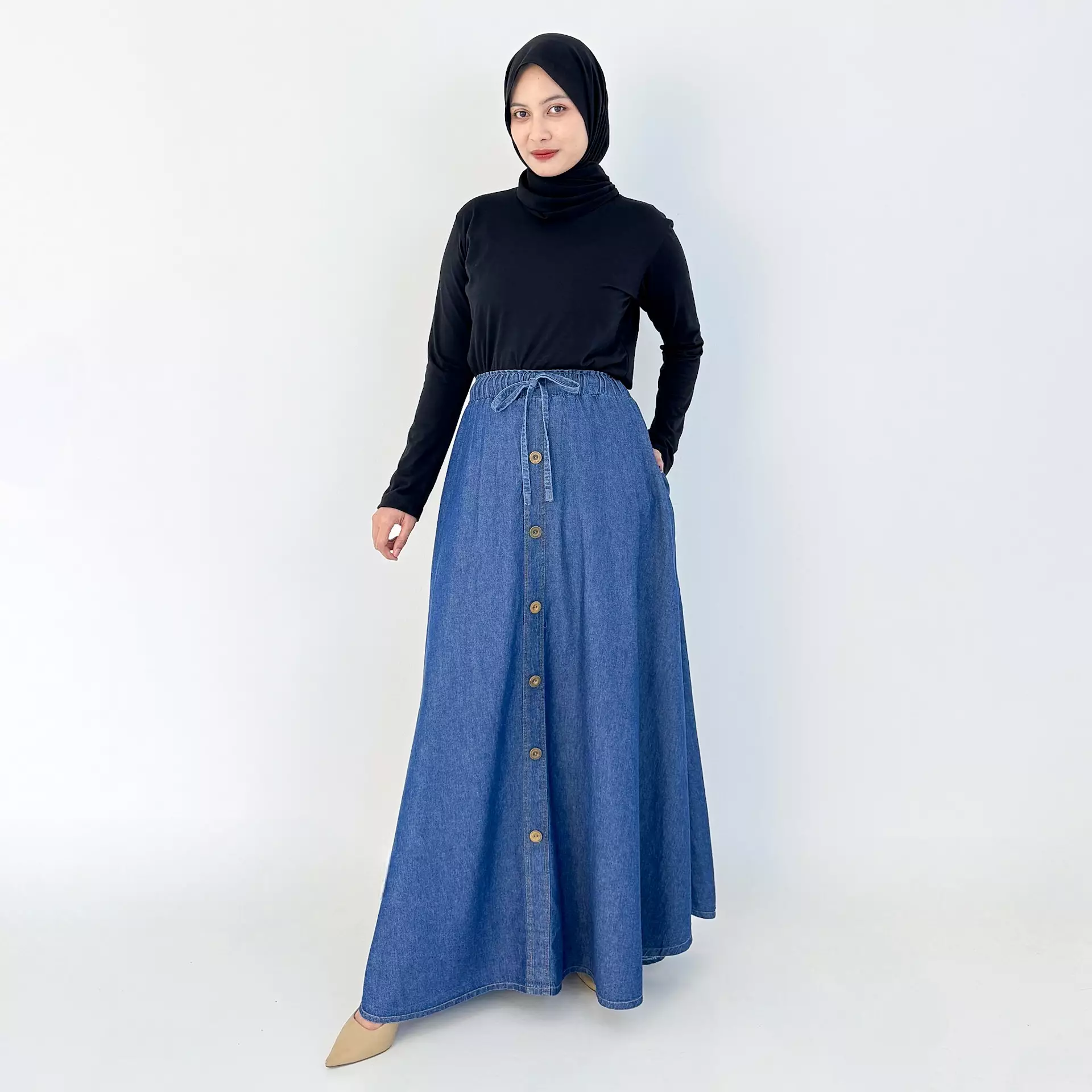 Niki Denim Flare Skirt BIRU TUA Rok Panjang Wanita Panjang 102 cm