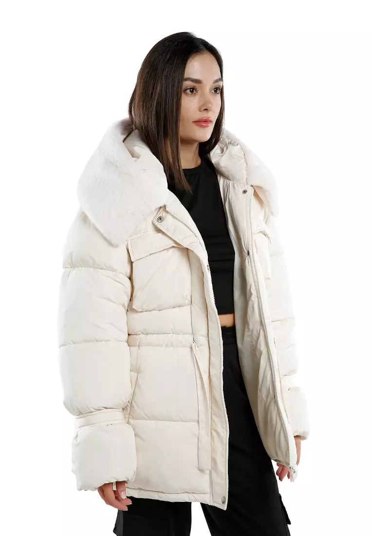 Cream Long Puffer Jacket Hoodie