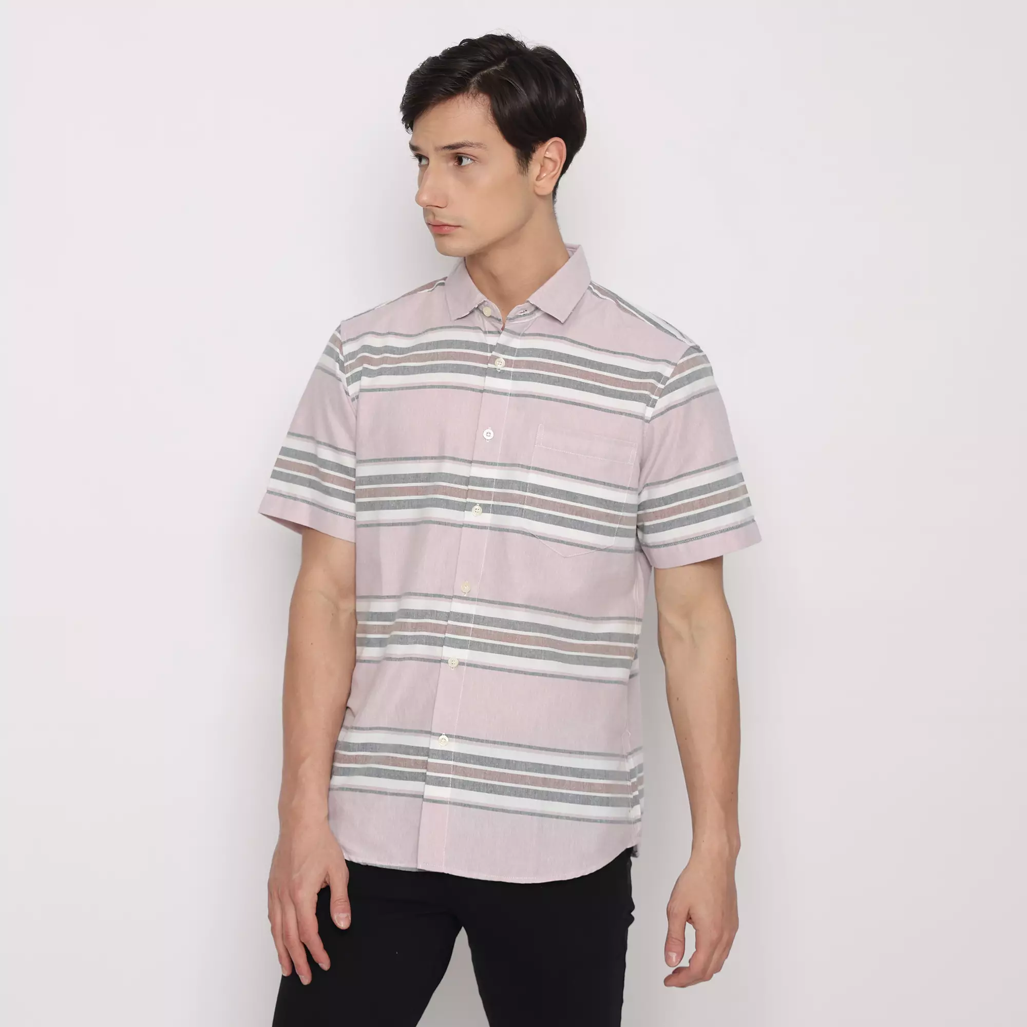 Platini Kemeja Motif Salur Pria Lengan Pendek Katun Ungu 73435